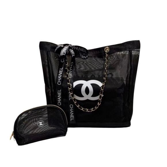 Chanel Beaute GWP Large Black Mesh Tote w/Cosmetic Pouch Gold Hardware - Picture 1 of 5